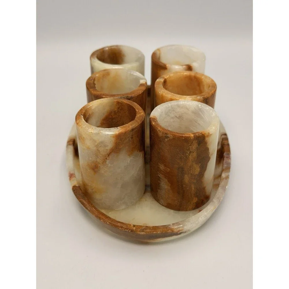 Vintage Banded Onyx Stone Shot Glass Set 6 Tequila Sake Cups w/ 7